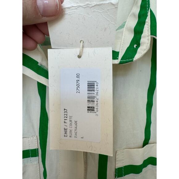 FRNCH Emie Shirt Dress Green and White Stripes Straight Fit Cap Sleeves Large - Picture 4 of 7